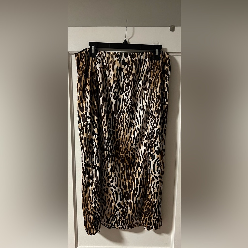 Faux silk animal print midi skirt
